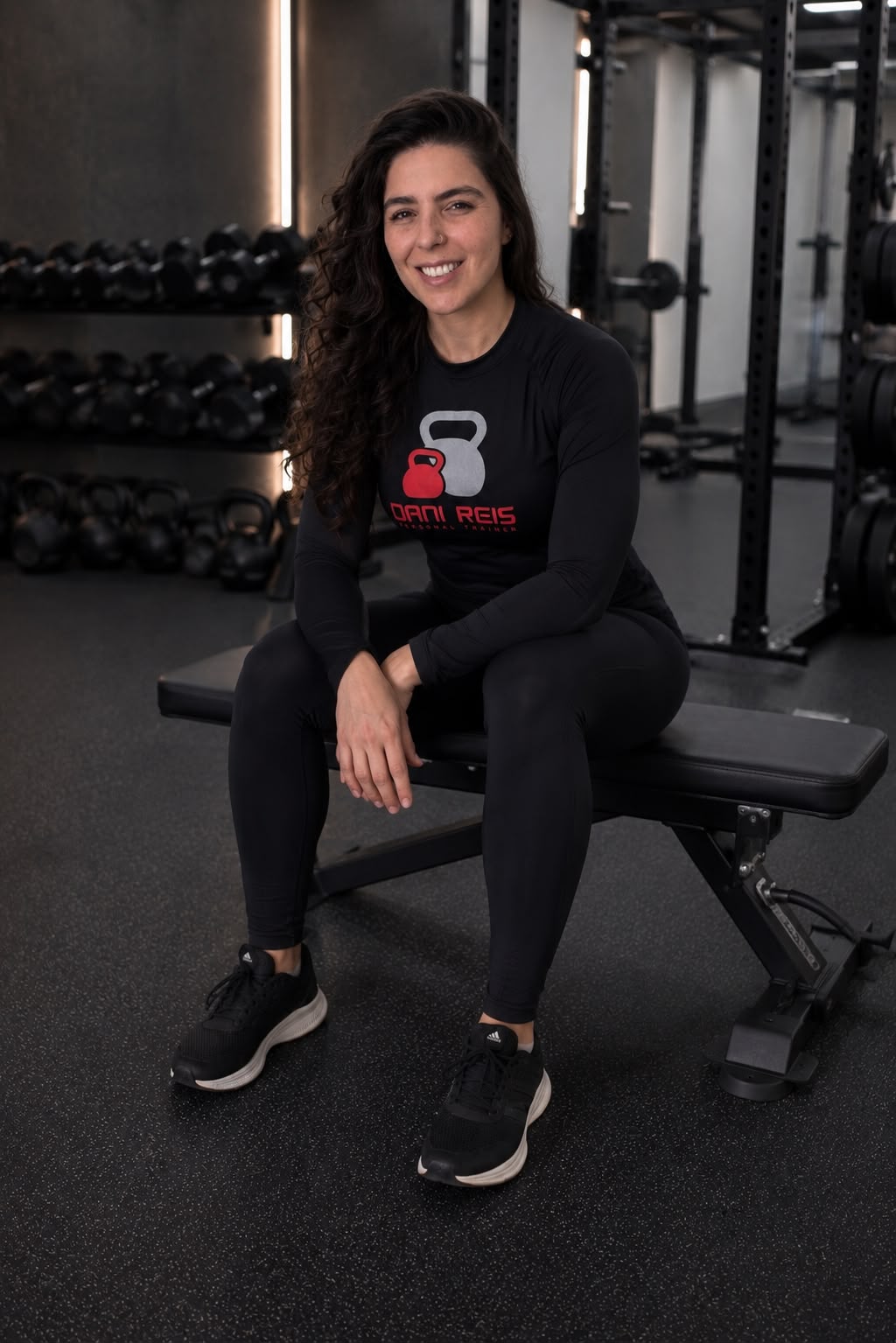 Daniele Reis Alves, personal trainer, sentada em um banco na academia