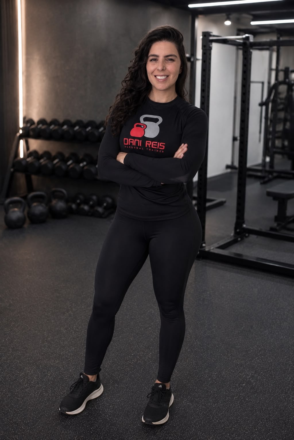 Daniele Reis Alves, personal trainer, de braços cruzados em uma academia